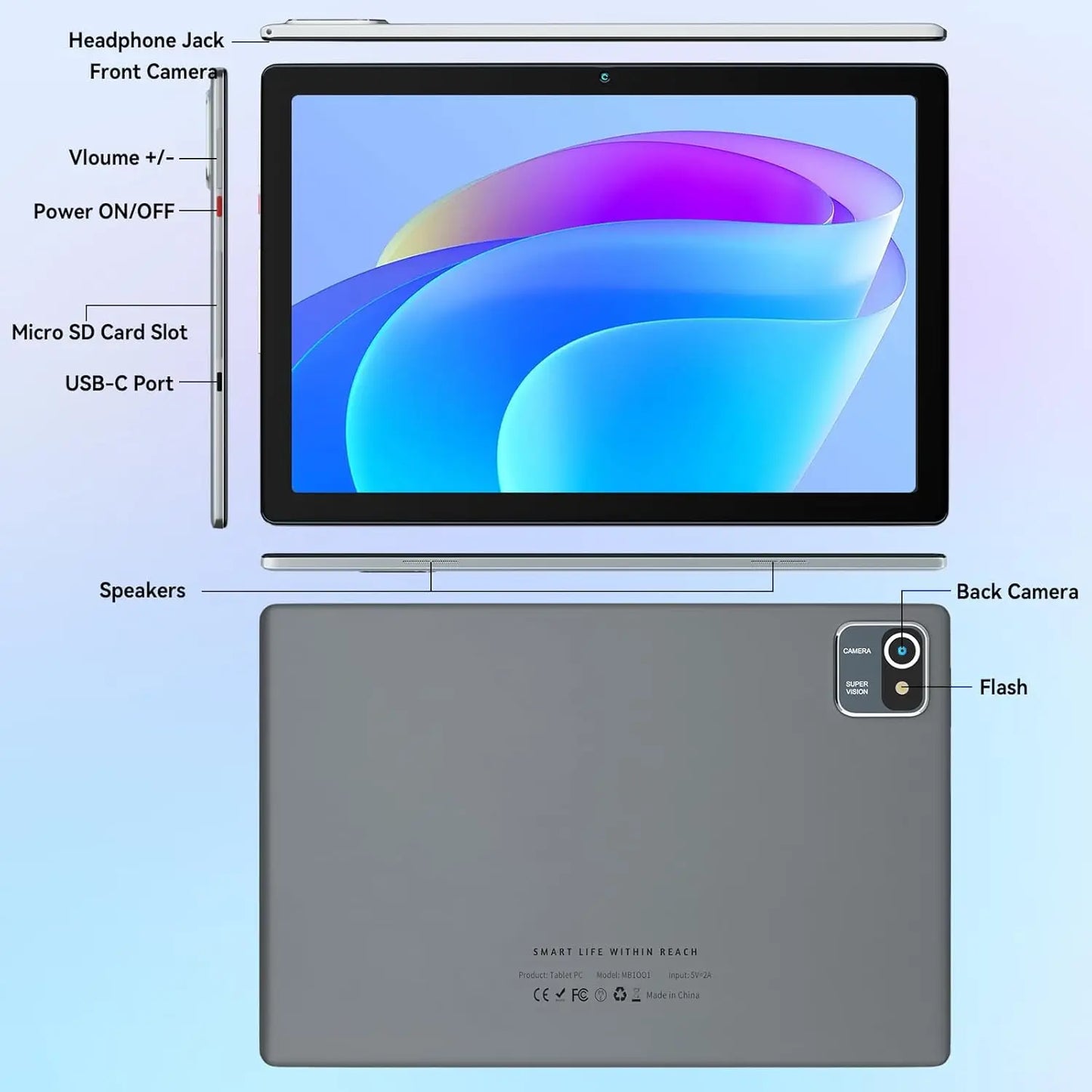 AEEZO MB1001 10 Inch Android Tablet Quad-Core 6GB RAM 64GB ROM 5MP+8MP Dual Camera HD IPS Display WiFi Bluetooth PC Pad Tablets