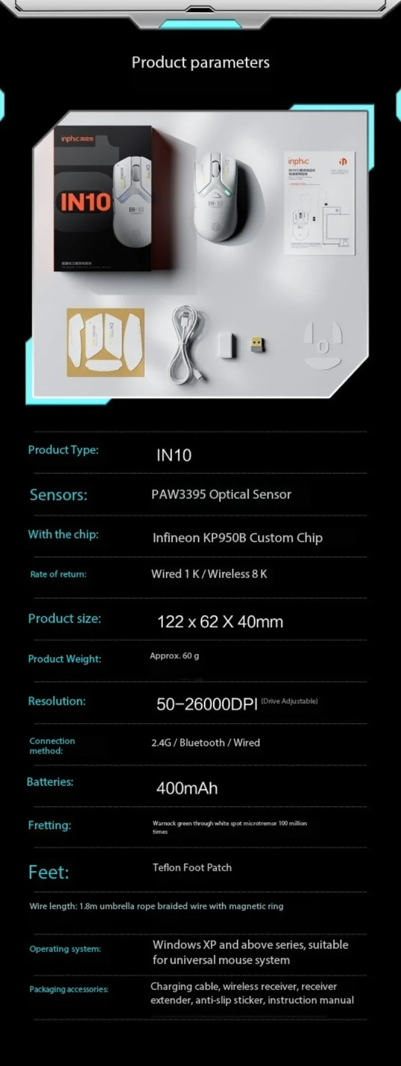 Inphic IN10 3D Ergonomic Lightweight Rechargeable for 2.4GHz Wireless Mouse Programmable 6 Buttons RGB Backlit Gaming