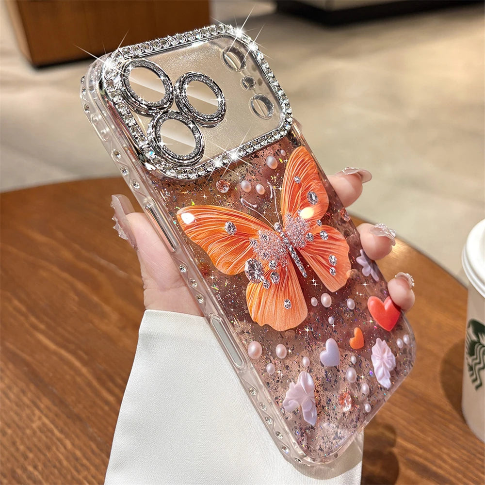 Original Orange Butterfly Glitter Clear Phone Case for iPhone 17 16 15 14 13 Pro Max Rhinestones Diamond Lens Film Frame Cover