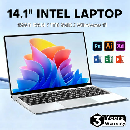 14.1" Laptop Computer Windows 11 Pro Intel Atom A3950 Notebook PC 12GB RAM 512GB 1TB M.2 SSD 1920*1080P Office Study Computer