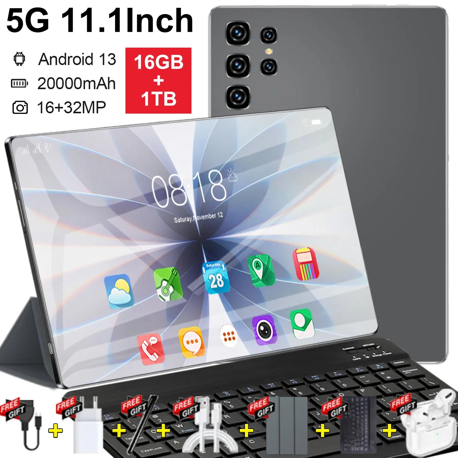 Tablet Android 11.1 inch Global Version 16GB RAM 1TB ROM Android 13.0 14-core 20000mAh Bluetooth WIFI Network Dual Camera 16MP 32MP Dual SIM Card Type-C Brand New tablets PC