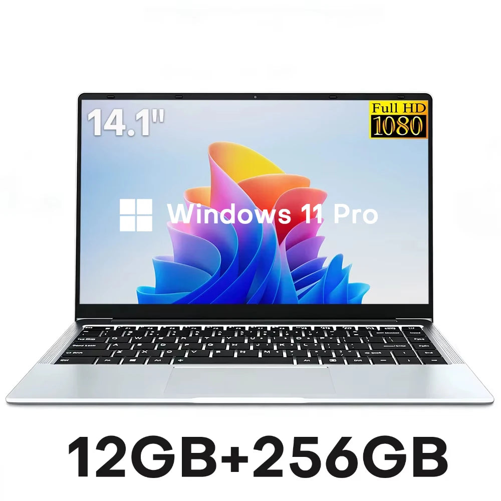 14.1" Laptop Computer Windows 11 Pro Intel Atom A3950 Notebook PC 12GB RAM 512GB 1TB M.2 SSD 1920*1080P Office Study Computer
