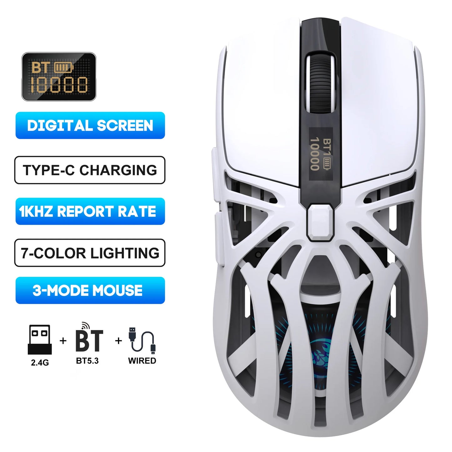 Hot 3 Mode Tri-mode Gaming Mouse Wireless Silent RGB Honeycomb Gaming Mouse Ergonomic 2.4G/BT/Wired E-sports Mice for PC