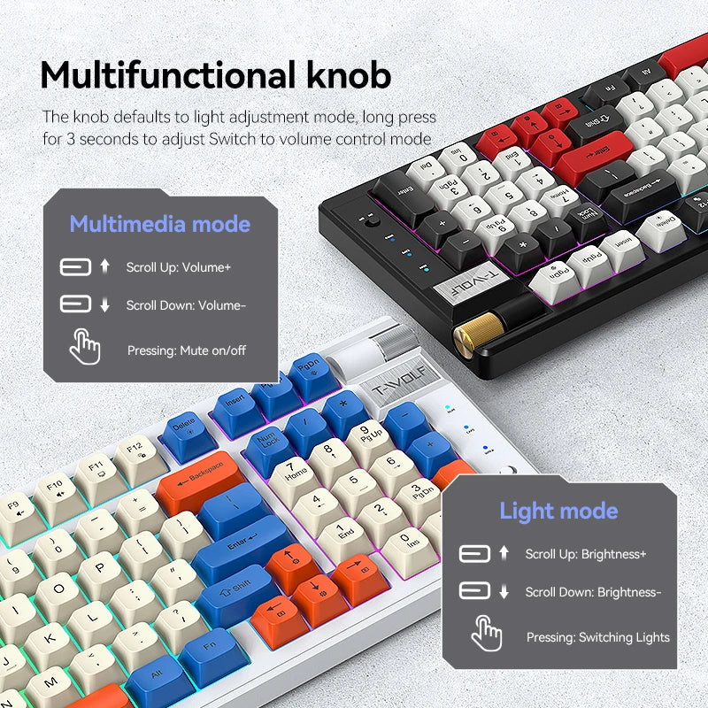 T-WOLF T70 97% Layout with Knob Keyboard 97 Key Hot-Swappable Anti-Ghosting Red Switch RGB Backlit Mechanical Pc Gaming Keyboard