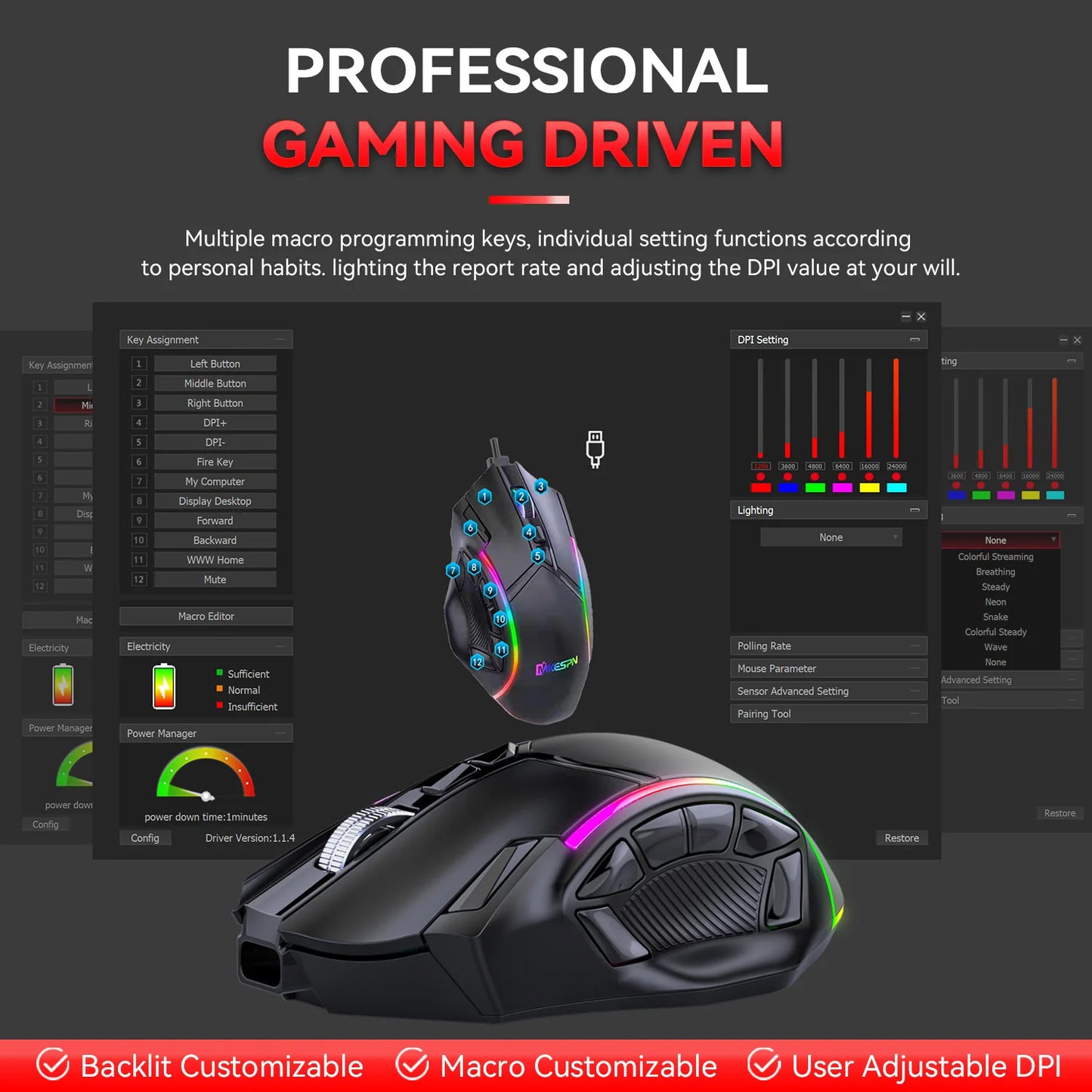 MKESPN W605 Wireless Three Mode Macro Defines Gaming Mouse Full Speed 12 Keys 24000DPI Gaming Mouse Programmable