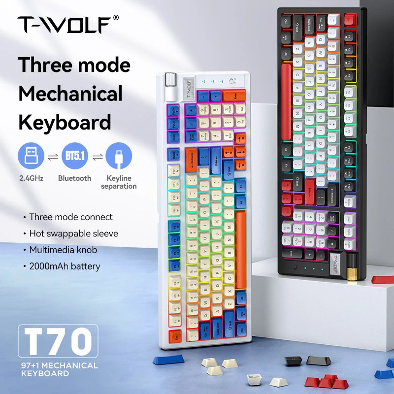 T-WOLF T70 97% Layout with Knob Keyboard 97 Key Hot-Swappable Anti-Ghosting Red Switch RGB Backlit Mechanical Pc Gaming Keyboard