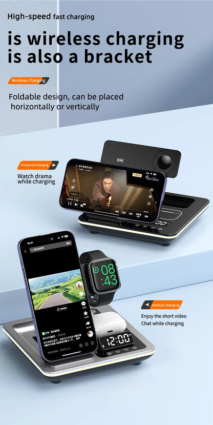 2024 New Product 5 in 1 Wireless Chargers Automatic Lifting Fast Charger Multifunctional  Alarm Clock for iphone 15 Night Light