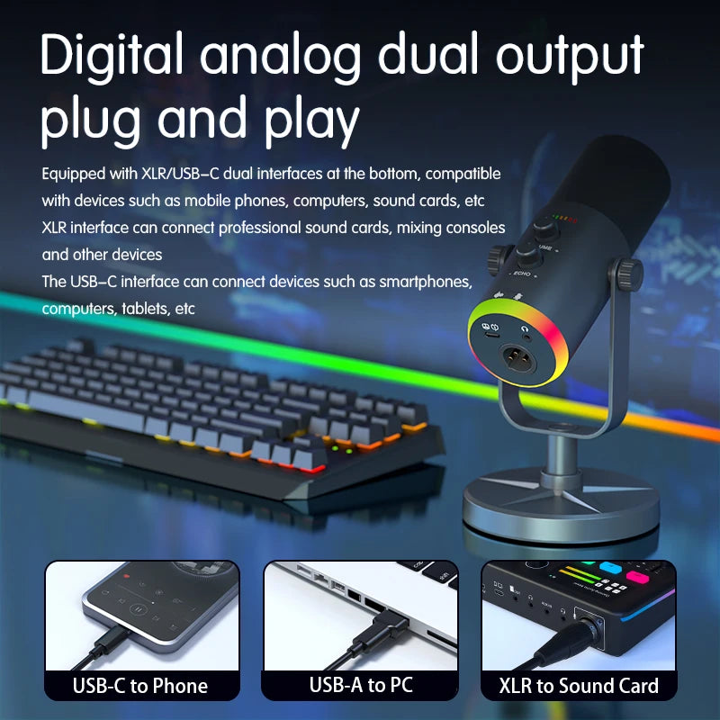 USB Plug RGB Wired Microphone Black & White Plastic Recording Studio Singing PC Gaming Streaming & Podcasting