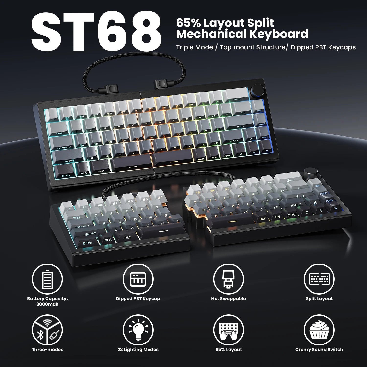 Zornher ST68 Black Polar Day Split Type Mechanical Keyboard 2.4Ghz Wireless RGB Backlit Programmable USB Type-C Interface Gaming