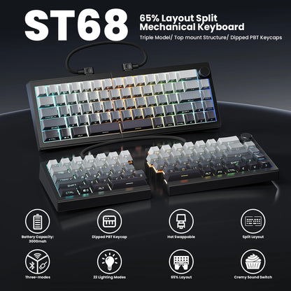 Zornher ST68 Black Polar Day Split Type Mechanical Keyboard 2.4Ghz Wireless RGB Backlit Programmable USB Type-C Interface Gaming