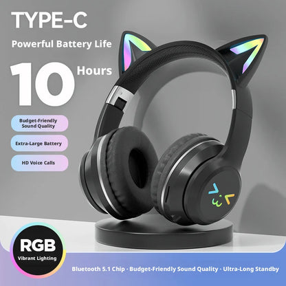 RGB Cat Ear Headphones  5.4 Wireless Gradient Color Gaming Headset with Mic for PC PS5 Switch