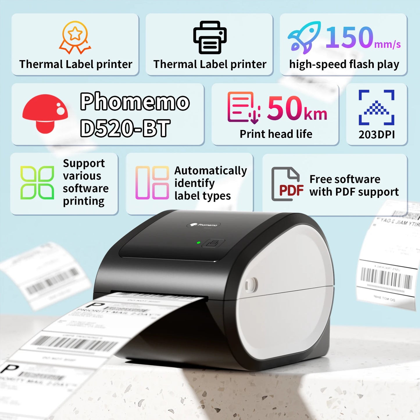 Phomemo D520-BT Wireless 4x6 Thermal Shipping Label Printer Used for Android & IOS Mobile Devices ROHS Certified Small Business