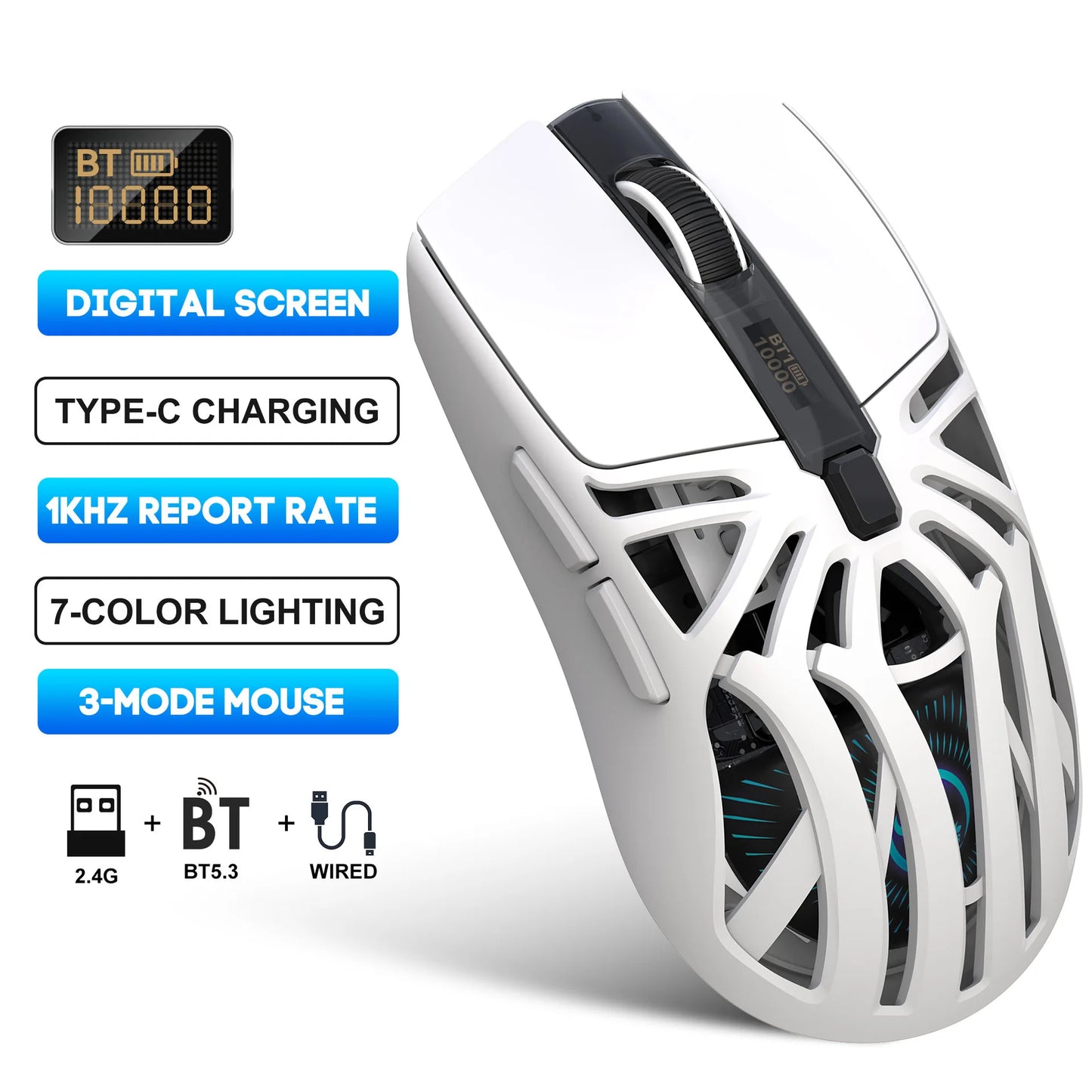 Hot 3 Mode Tri-mode Gaming Mouse Wireless Silent RGB Honeycomb Gaming Mouse Ergonomic 2.4G/BT/Wired E-sports Mice for PC