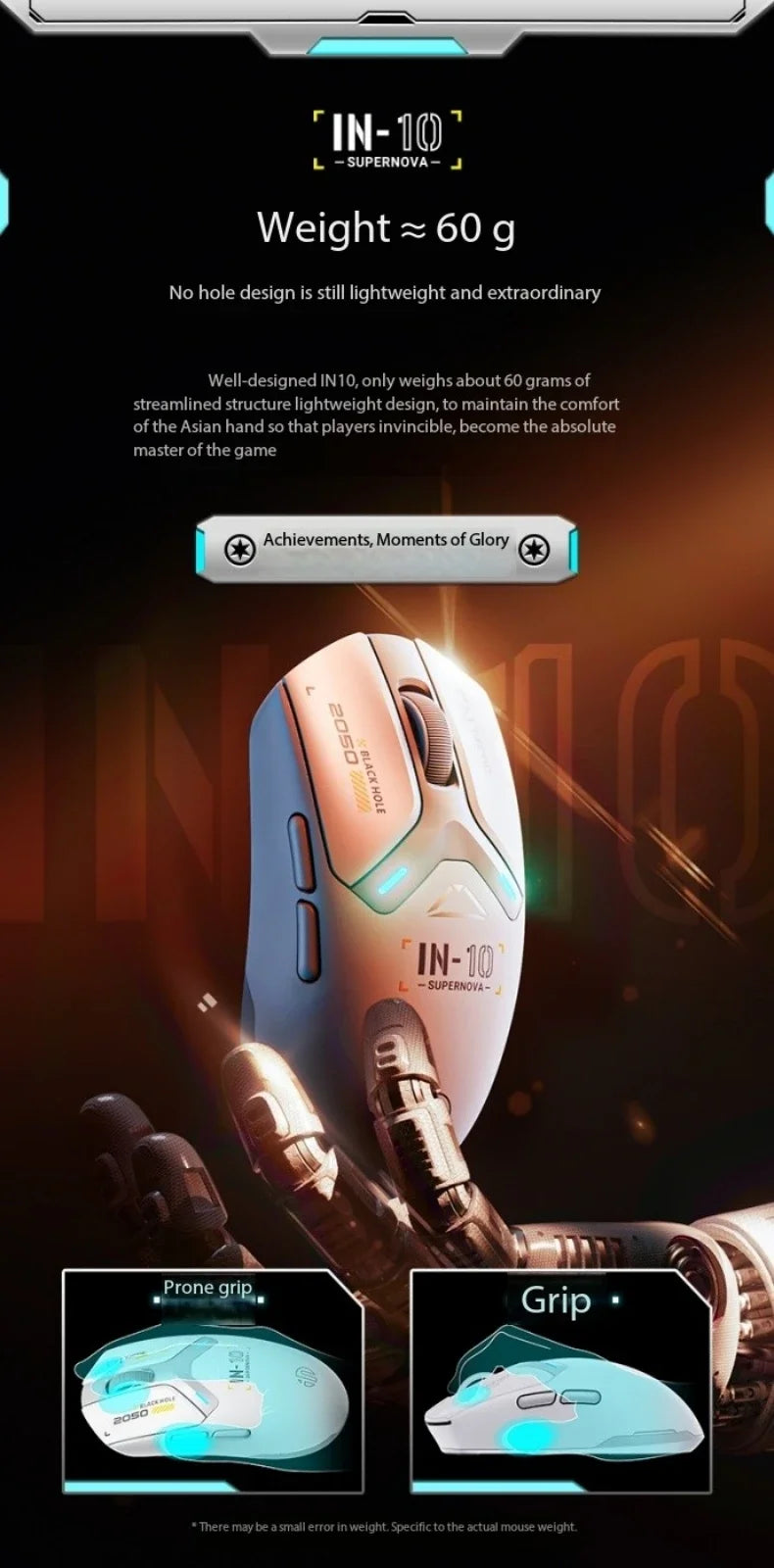 Inphic IN10 3D Ergonomic Lightweight Rechargeable for 2.4GHz Wireless Mouse Programmable 6 Buttons RGB Backlit Gaming