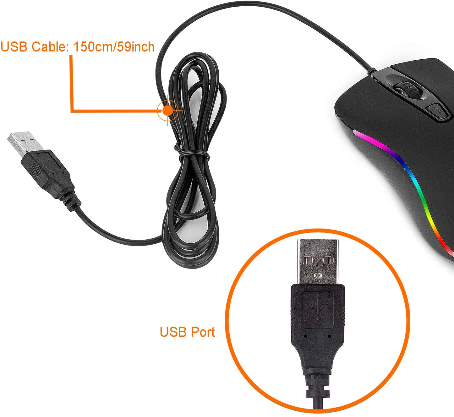 Umila USB Wired Gaming Mouse with RGB Backlit Ergonomic Design 1600 DPI 4 Buttons 1.5m Cable for Both Hands for PC Gamers