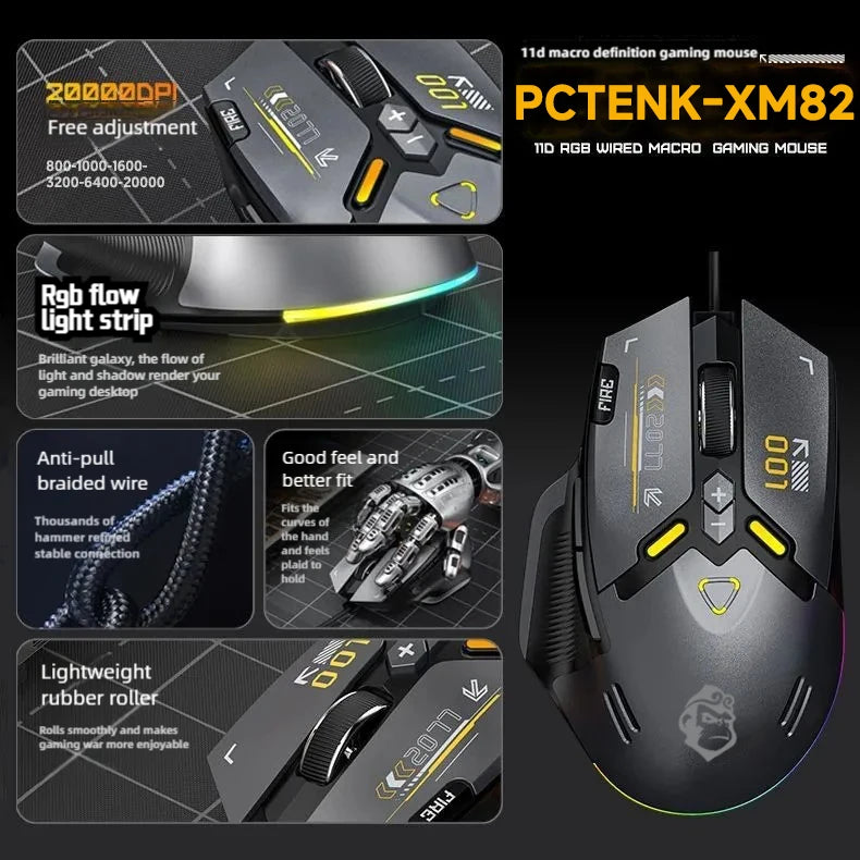 XM82 New Stock 1000 Return Rate Macro Programming Pressure Gun Mouse Game Wired Gaming Silent RGB Backlit 20000 DPI Ergonomic