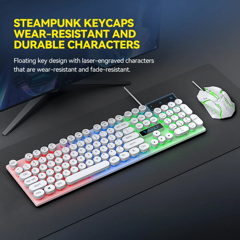 T-WOLF Professional LED Wired Gaming Keyboard and Mouse Combo Backlit Full Size 104keys Punk Keyboard Mouse for Gamer Desktop