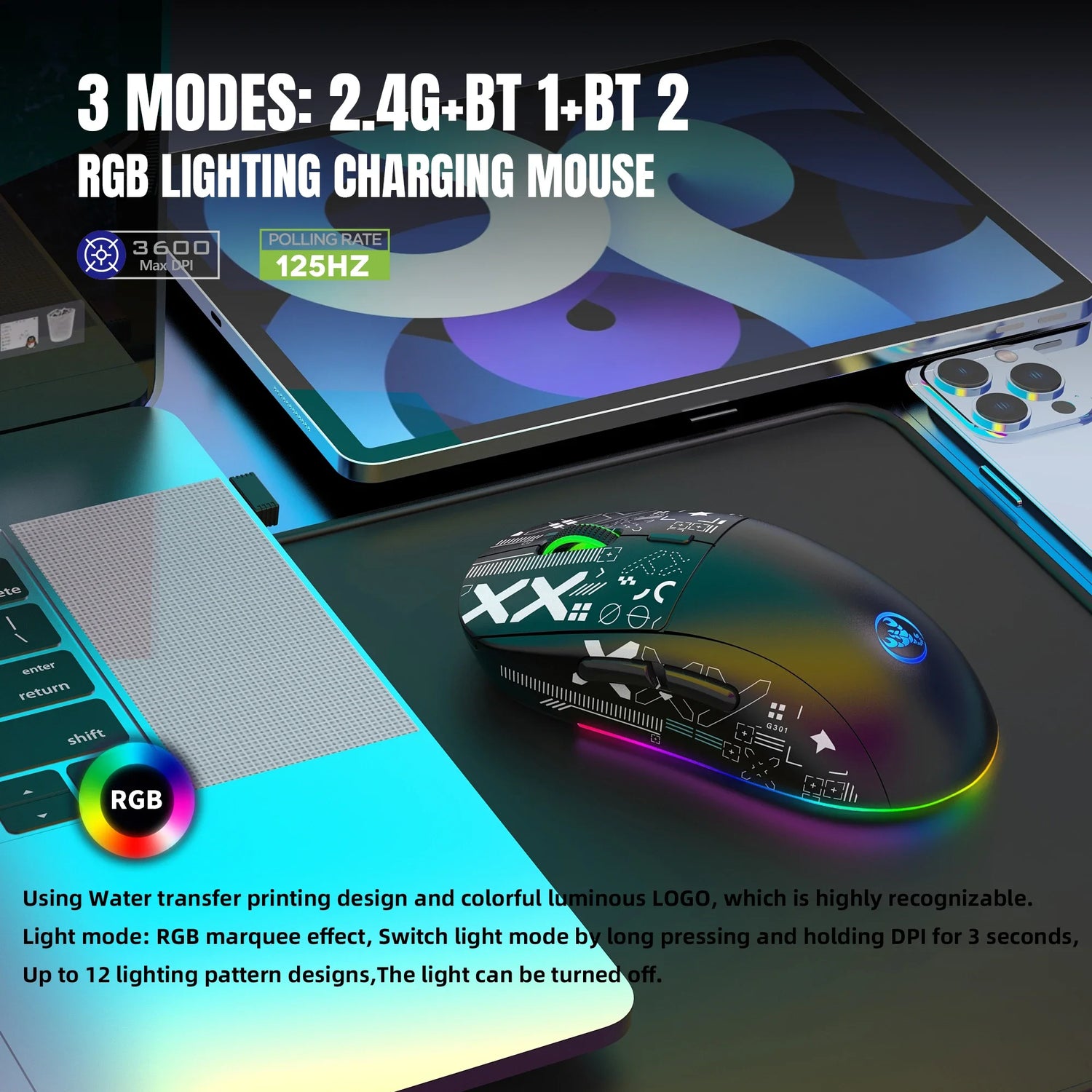 2.4G USB Wireless RGB Backlight Rechargeable Gaming Mouse for iPad Tablet Laptop Computer Right Hand Orientation