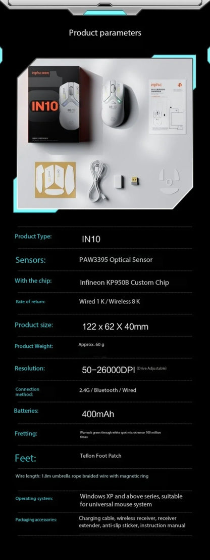 Inphic IN10 3D Ergonomic Lightweight Rechargeable for 2.4GHz Wireless Mouse Programmable 6 Buttons RGB Backlit Gaming