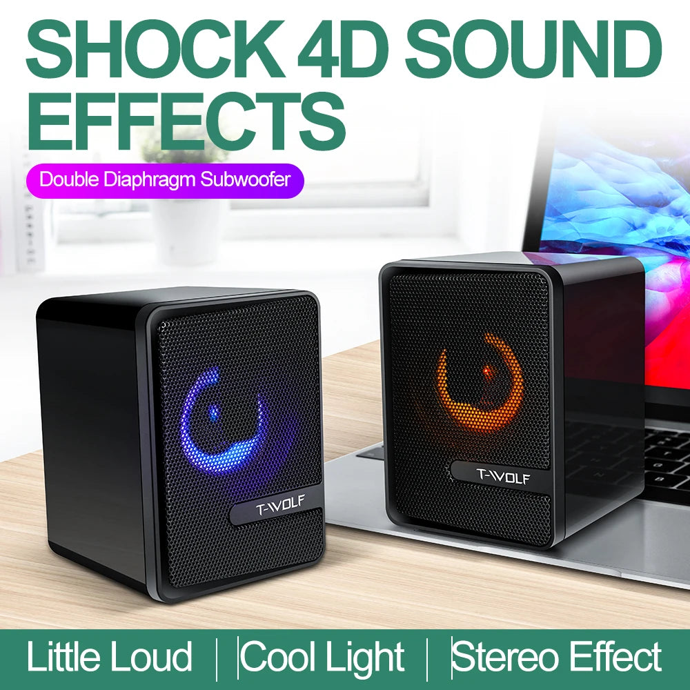 T-WOLF S3 Computer Desktop Speaker Stereo Sound LED Colorful Light Subwoofer Wired Home Theater System Multimedia Gaming Speaker