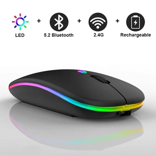 Rechargeable BT Wireless Mouse with 2.4GHz USB RGB 1600DPI Mouse for Computer Laptop Tablet PC Gamer Gaming Mouses