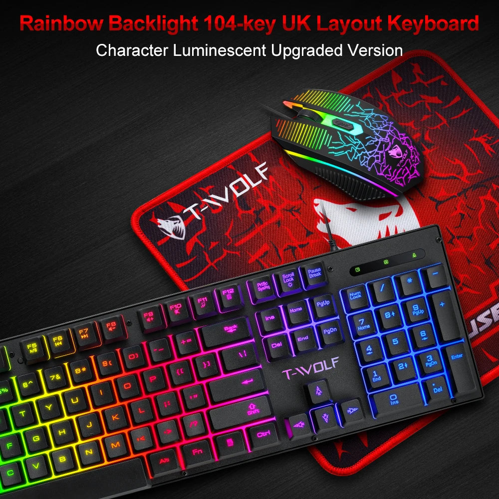T-WOLF TF31 3IN1 Wired Gaming Keyboard and Mouse Mousepad Combo 104keys Backlit Gaming Keyboard 4D Gaming Mouse Mousepad for PC