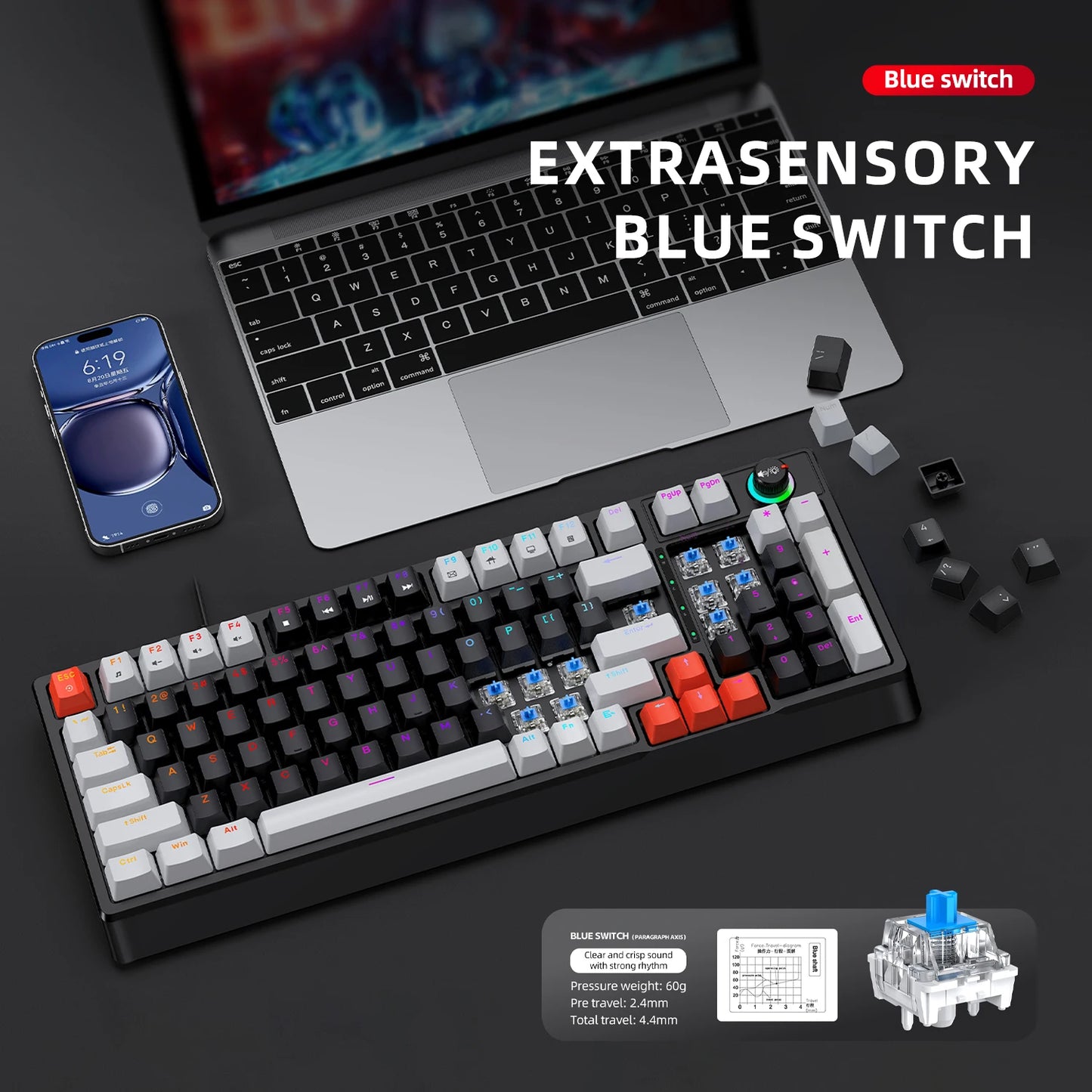 T-WOLF T50 Wired Mechanical Keyboard 85% Keyboard 97 Keys Hot Swappable Blue Switch Gaming USB Wired RGB Light Led Keyboard Game