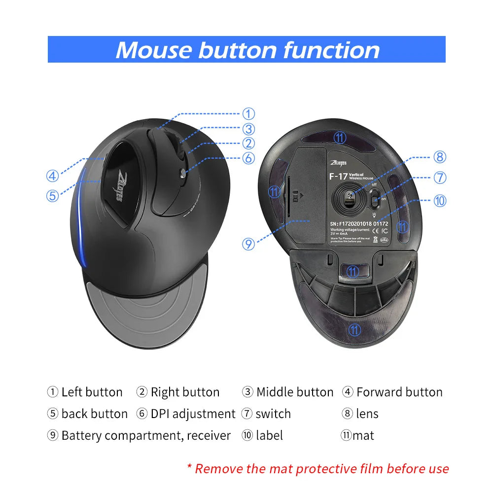 ZELOTES F-17 2.4GHz Wireless Right-Handed Gaming Mouse Vertical Optical Design RGB Backlit 6 Keys with 3 Adjustable DPI