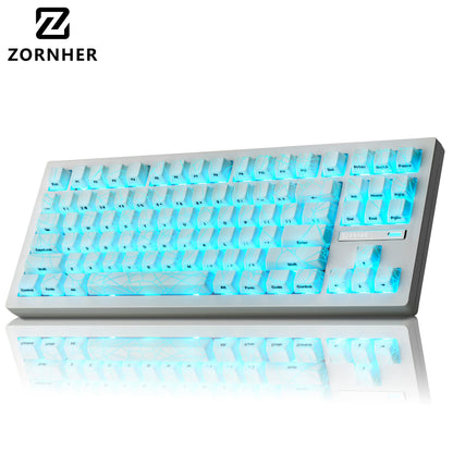 ZORNHER ZH870 White Spider Web Side-Engraved 88 Keys RGB Backlit Mechanical Tri-Mode Wireless Silent Switch USB Type-C Gaming