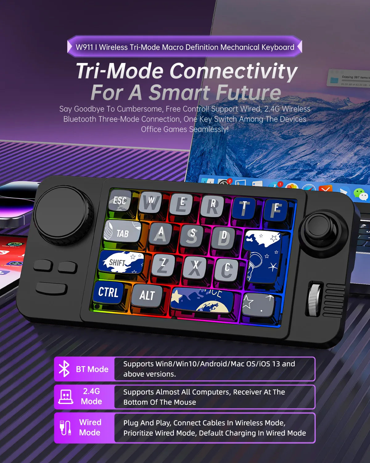 MKESPN SXS-W911 Wireless + BT + Wired Joystick Macro Definition RGB Hot-swappable Macro Definition Mechanical Gaming Keyboard