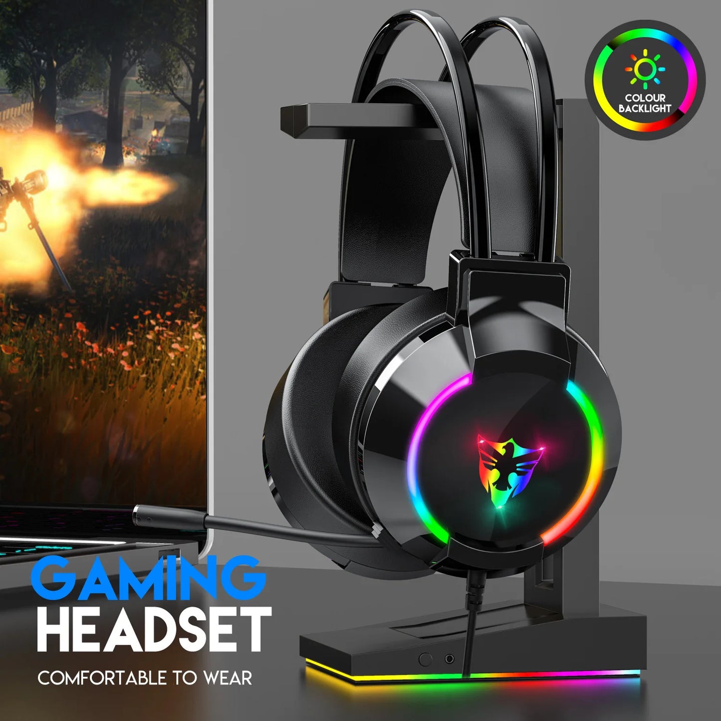 Computer E-sports Wired Gaming Headset Microphone 7.1 Channel RGB Luminous Leather Active Noise Hearing Aid Aviation