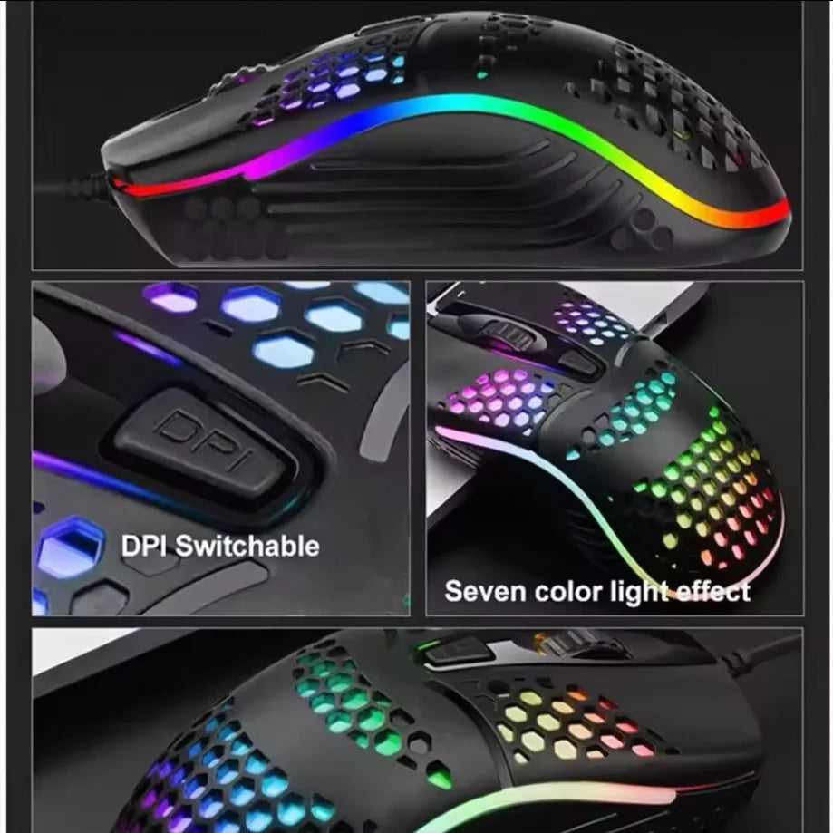 Umila Wired Gaming Mouse-Ergonomic Design with Honeycomb RGB Backlight 4D Tracking 2400DPI 1.5m USB Cable Both-Hand Orientation