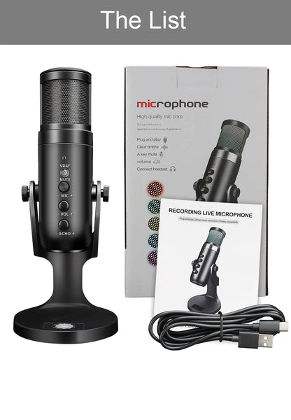 2024 Hot Sale Professional RGB Gaming Podcast Mic USB Studio Condenser Wired Microphone for Streaming Vocal Recording Teaching