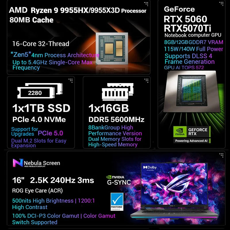 asus Rog Strix Scar G614 Laptops Brand New AMD Ryzen9 9955X3D Gaming Laptop Rtx5070 Ti-12G 16 Inch 2.5K 240Hz Notebook Gamer