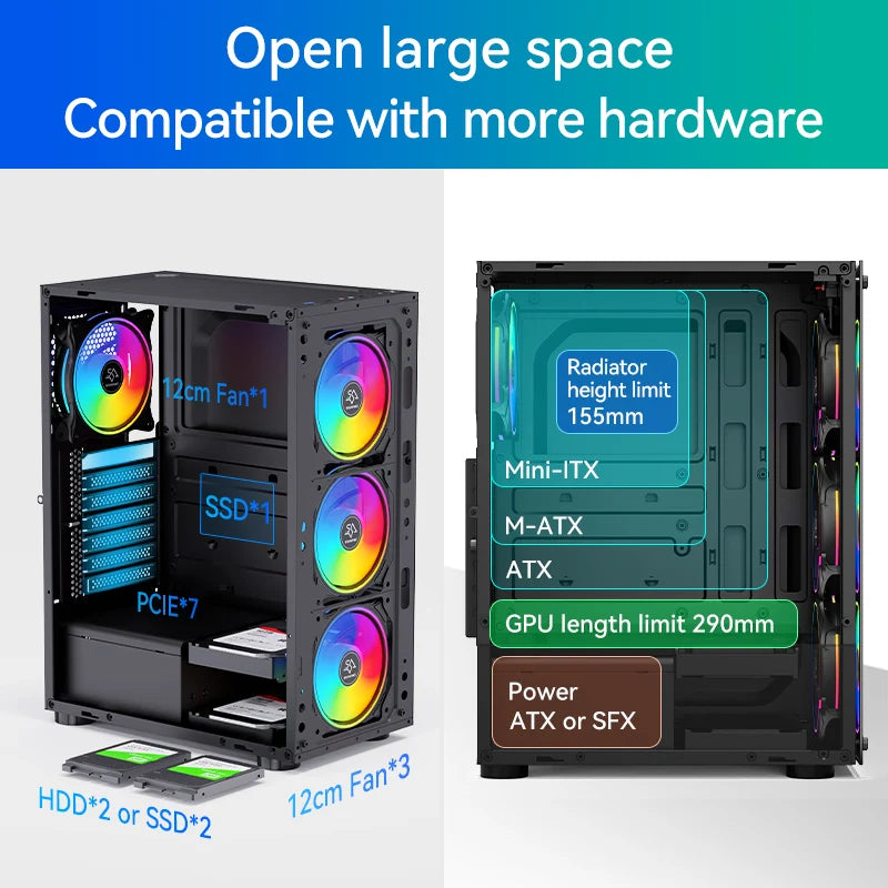 Snowman ATX Mid Tower Gaming Chassis Aluminum Alloy Tempered Glass Side Panel Optimized Airflow