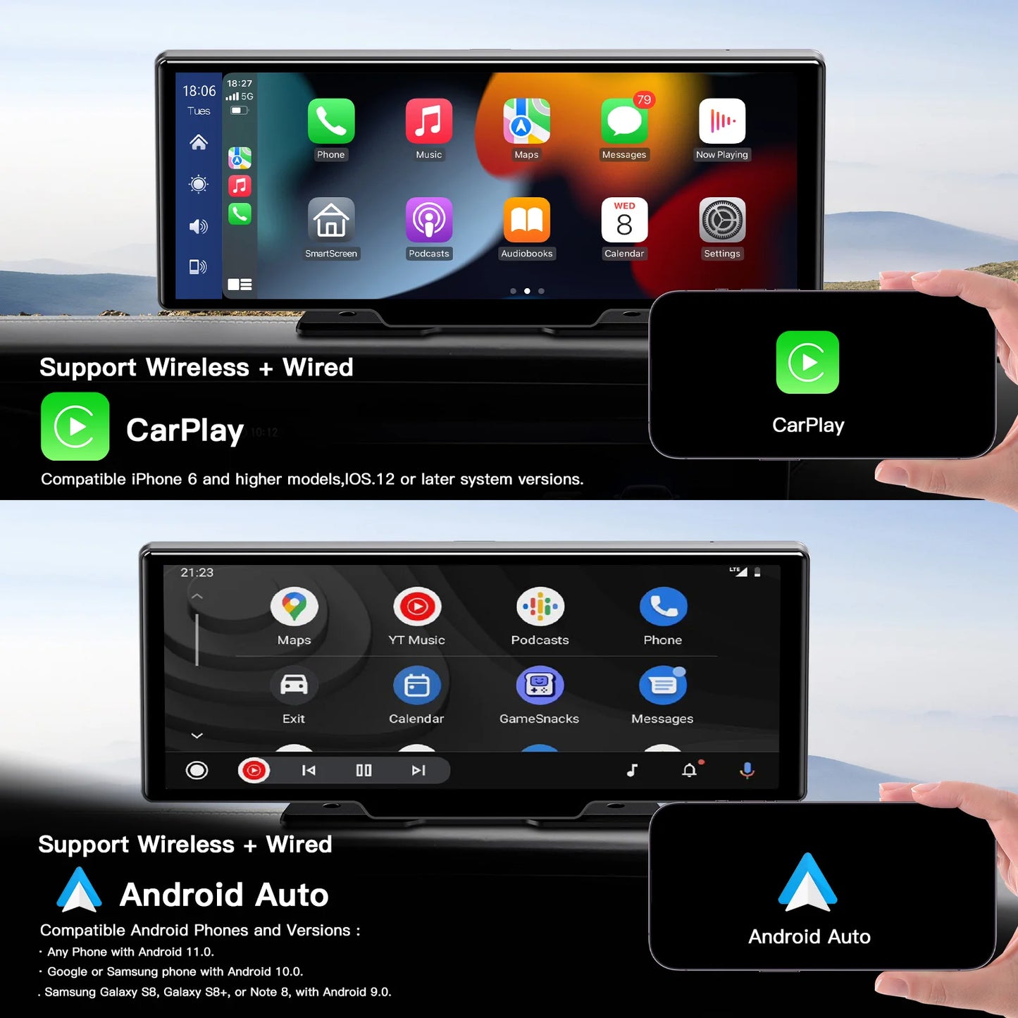 CARABC 10.25 Inch Carplay Screen Portable Waterproof Android Auto Display Screen for Car Universal Dashcam With Dash Cam