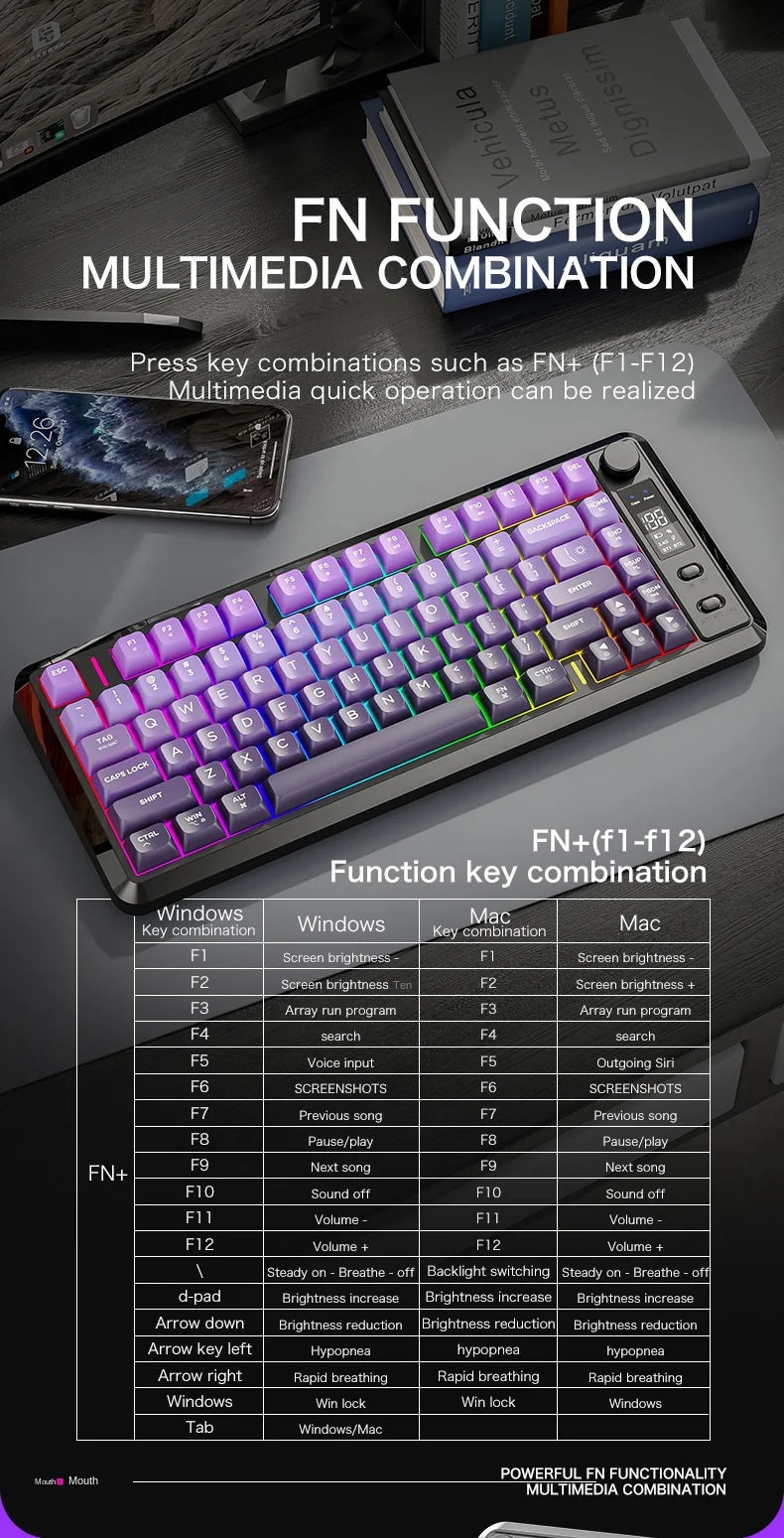 Free Wolf M75 Wireless Dual-Mode Mechanical Membrane Keyboard 87 Keys RGB Backlit Gaming E-Sports Office Use USB-C PBT