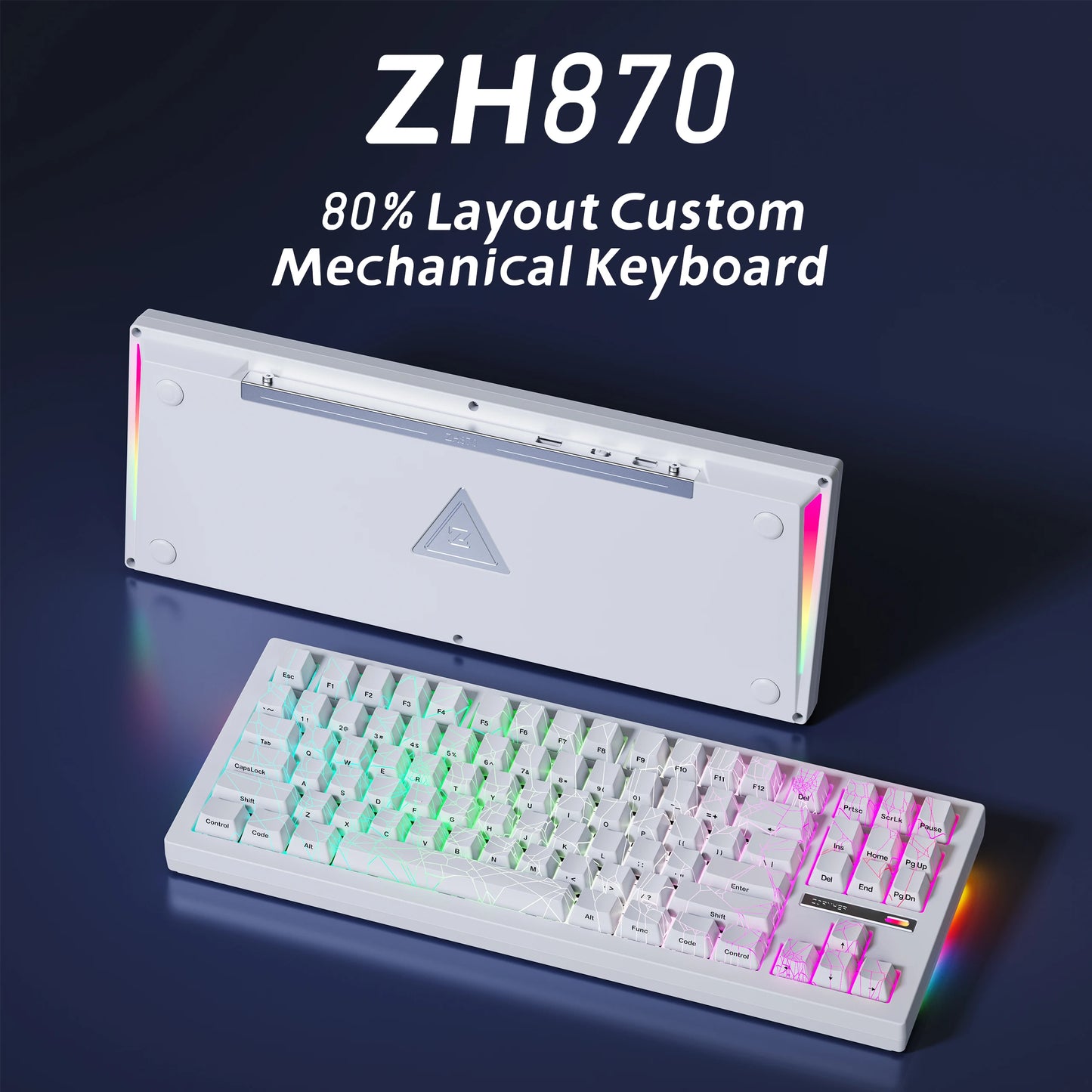 ZORNHER ZH870 White Spider Web Side-Engraved 88 Keys RGB Backlit Mechanical Tri-Mode Wireless Silent Switch USB Type-C Gaming