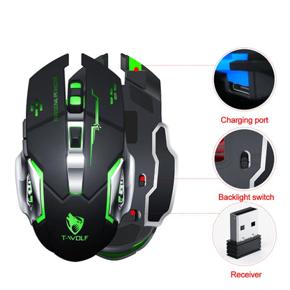 T-WOLF Q13 OEM/ODM 2.4G BT Wireless Mouse Mobile Supported Hyper Speed Wireless Rgb Backlit 6d Gaming Pc Mouse
