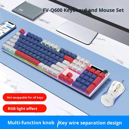 E-Sports Co-Branded Rainbow Luminous 104-Key Wired USB Mechanical Gaming Keyboard and Mouse Set for Home Office Use