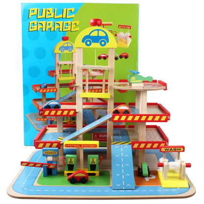 Kids Boys Wooden Cars Parking Lot Play Set Garage Educational Slot Toys