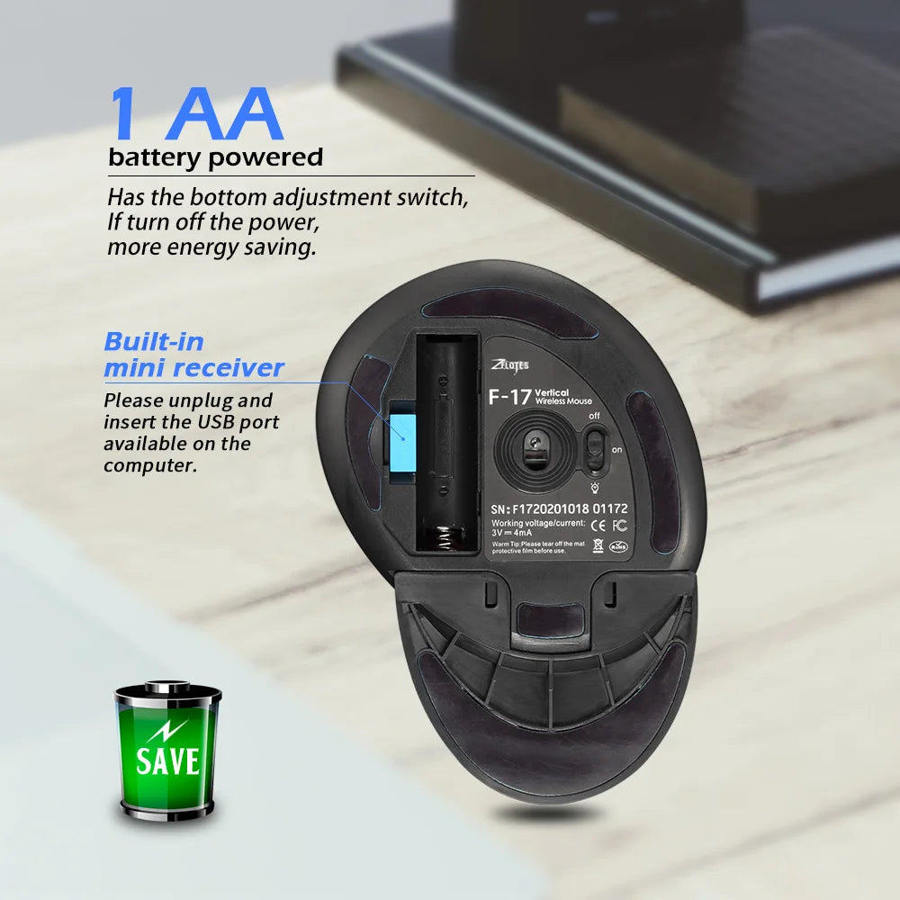 ZELOTES F-17 2.4GHz Wireless Right-Handed Gaming Mouse Vertical Optical Design RGB Backlit 6 Keys with 3 Adjustable DPI