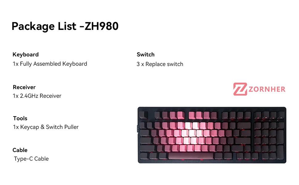 Zornher ZH980 Pink Rosebush Side Engraved Mechanical Keyboard 2.4Ghz Wireless for RGB Backlit Programmable Gaming Office