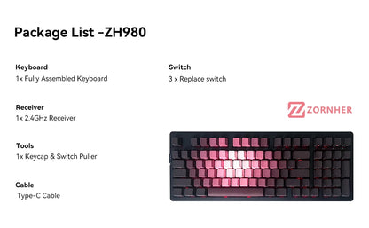 Zornher ZH980 Pink Rosebush Side Engraved Mechanical Keyboard 2.4Ghz Wireless for RGB Backlit Programmable Gaming Office