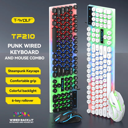 T-WOLF Professional LED Wired Gaming Keyboard and Mouse Combo Backlit Full Size 104keys Punk Keyboard Mouse for Gamer Desktop