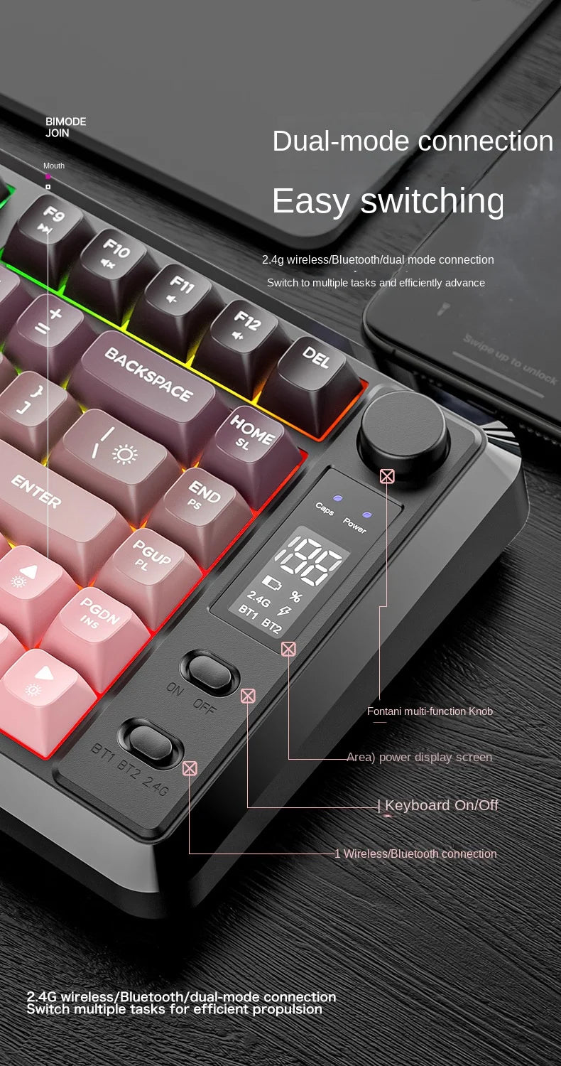 Free Wolf M75 Wireless Dual-Mode Mechanical Membrane Keyboard 87 Keys RGB Backlit Gaming E-Sports Office Use USB-C PBT