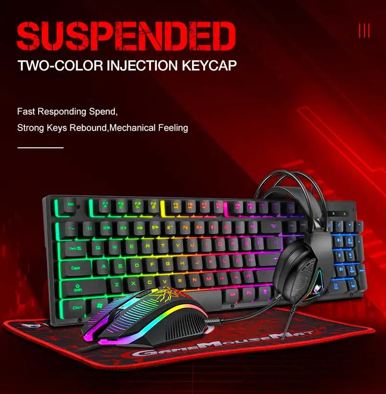 Hot Sale 4 in 1 Portable Wired Gaming Keyboard and Mouse Mousepad Headphone 4 in 1 Combos LED Light Gaming Set for Computer