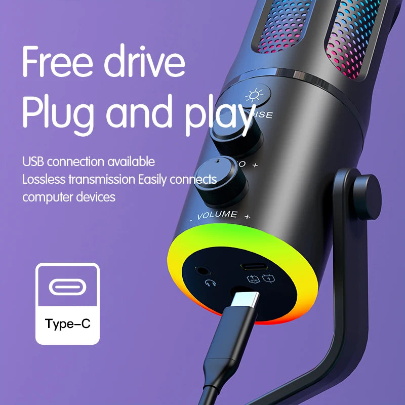 USB C Conference Codeless RGB Microphone Gaming with Gain 192KHz/24Bit Vocal Condenser Cardioid Podcast MIC for Android Phone