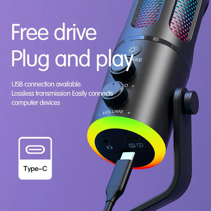 USB C Conference Codeless RGB Microphone Gaming with Gain 192KHz/24Bit Vocal Condenser Cardioid Podcast MIC for Android Phone