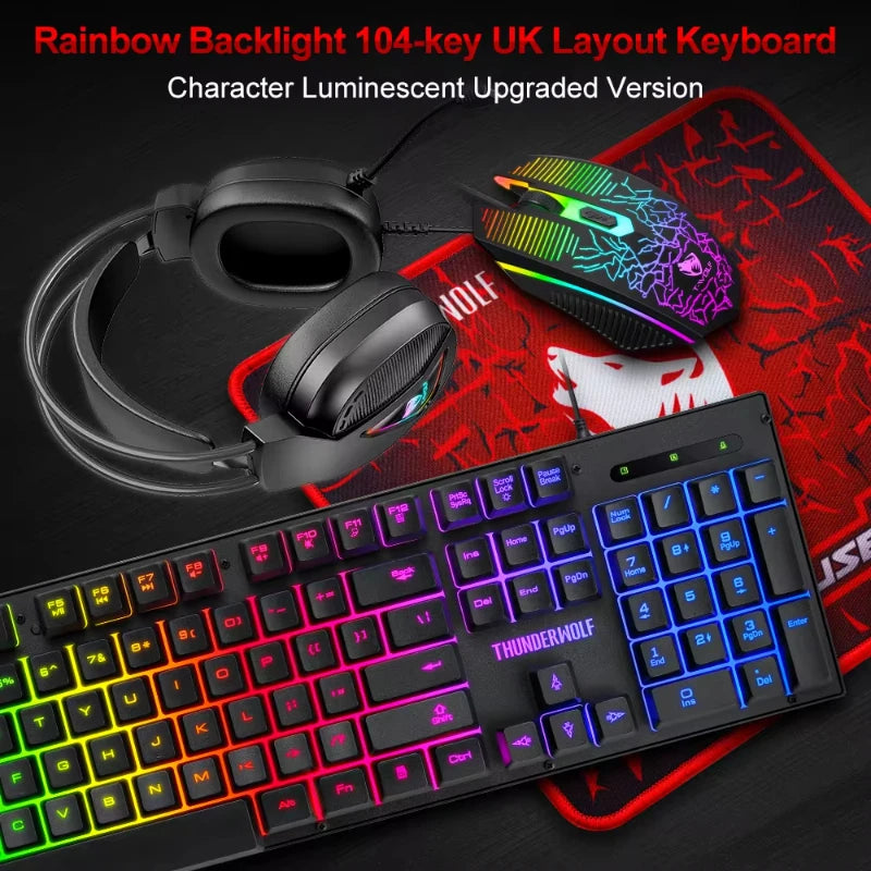 Hot Sale 4 in 1 Portable Wired Gaming Keyboard and Mouse Mousepad Headphone 4 in 1 Combos LED Light Gaming Set for Computer